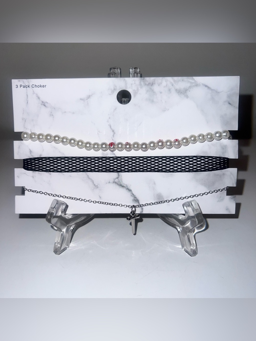 Pearl, Black Mesh and Silver Cross Layered Choker Set